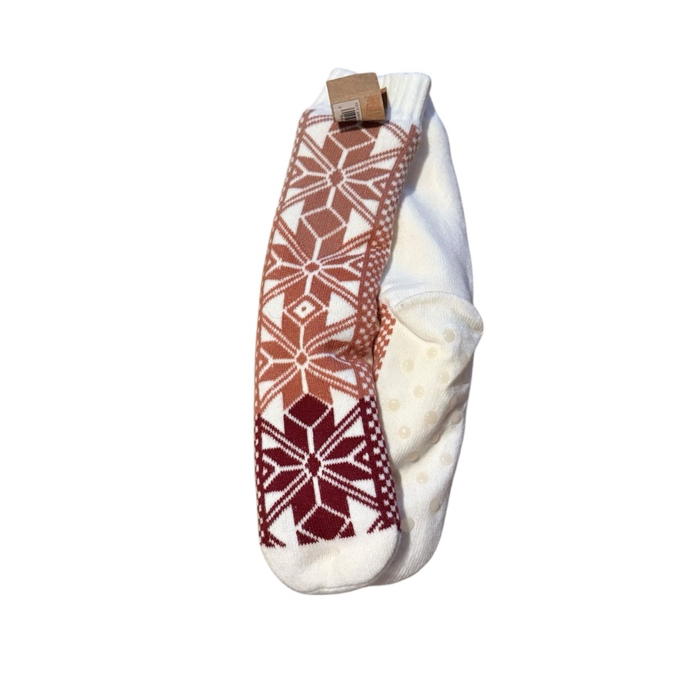 Fuzzy Babba 1 Pair of Socks White & Red Snowflake Print Grippy Bottoms‎ NEW